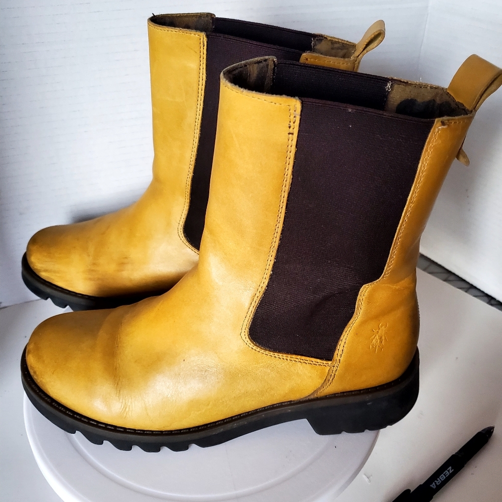 Fly London Women's Mustard Yellow Rein 795 Leather Booties Size 9 - 9.5 Or 40